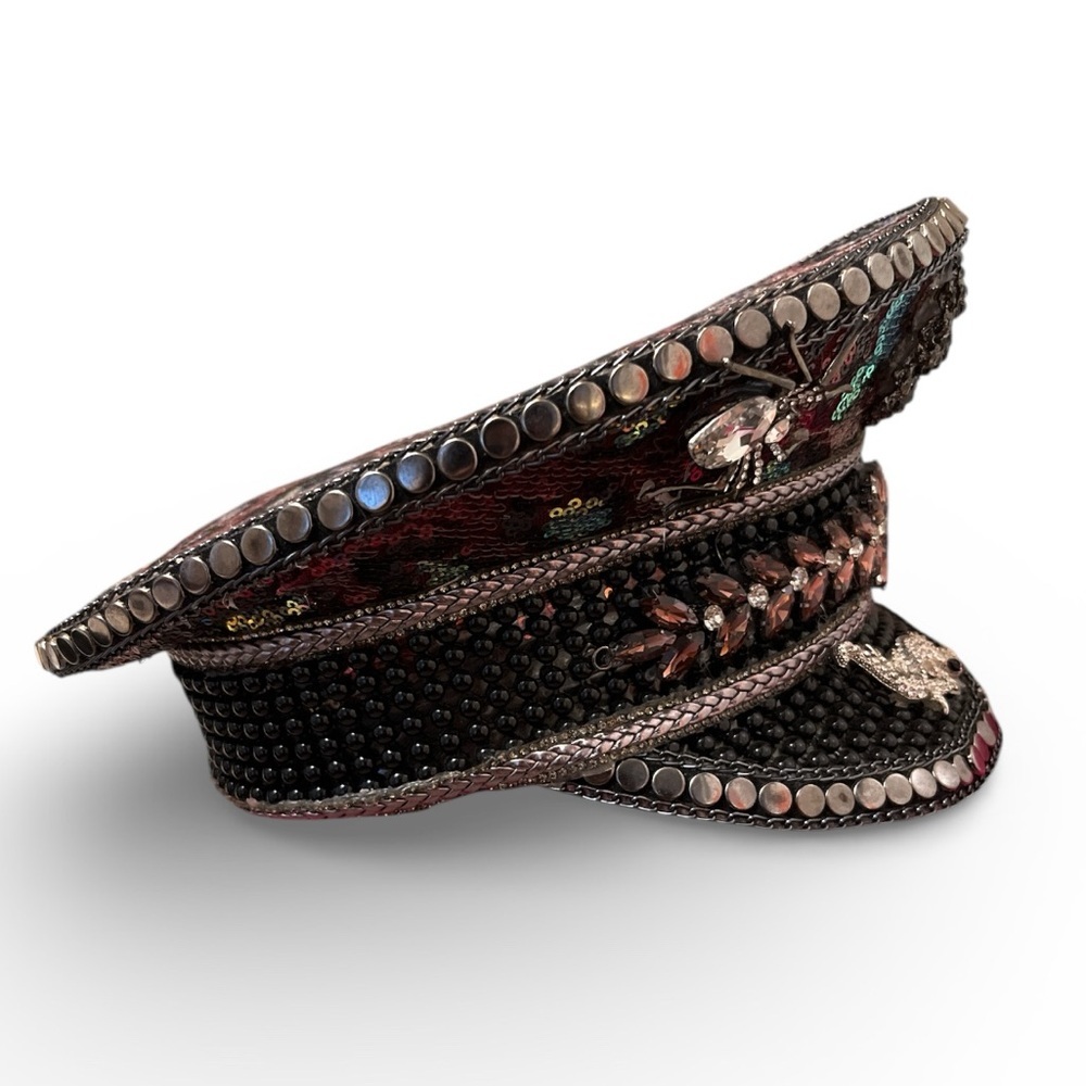 Embellished Sequin Military-Style Cap in Black and Red - Picture 3 of 8